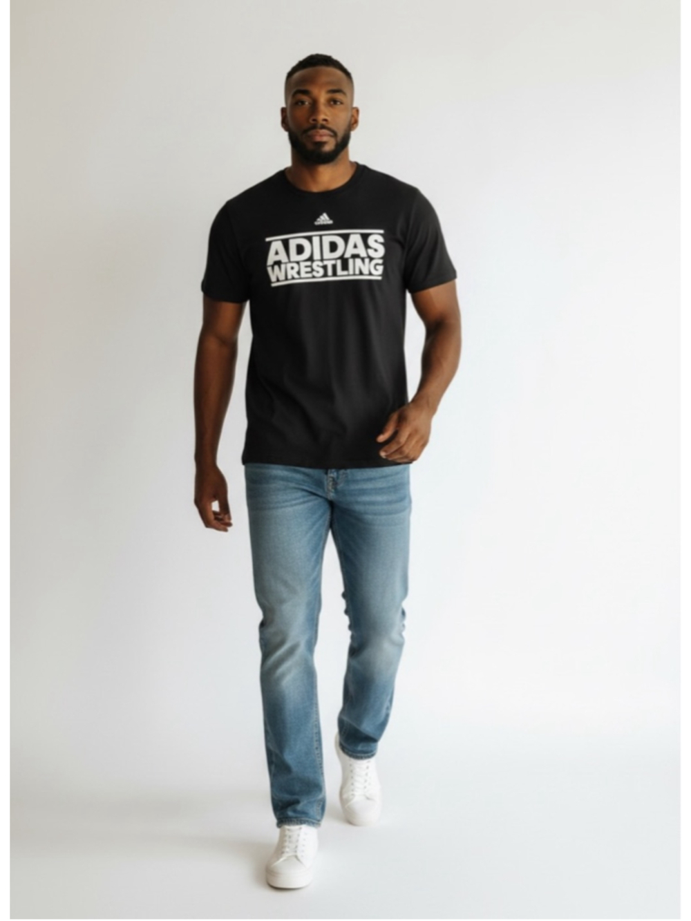 Men’s Adidas Wrestling graphic t-shirt featuring a bold white Adidas Wrestling l